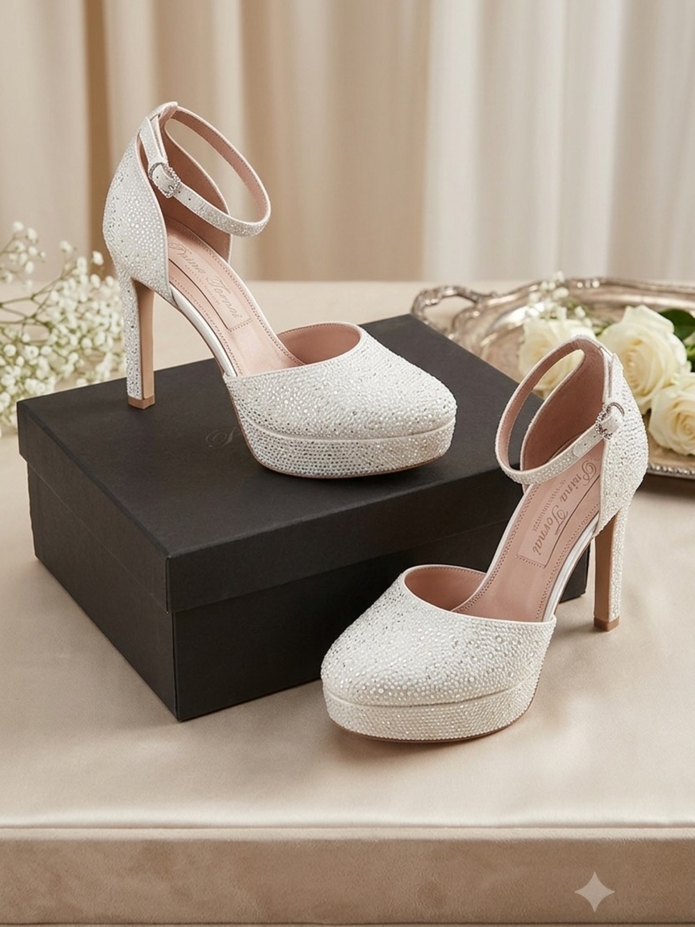 Pnina Tornai Ivory Crystal Platform Ankle-Strap Pumps